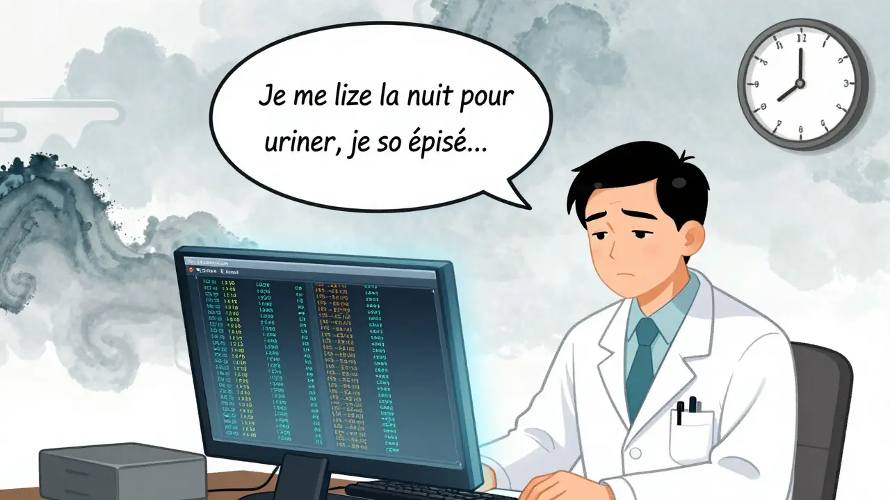 Un médecin devant un écran de codes médicaux, avec les pensées du patient flottant au-dessus.