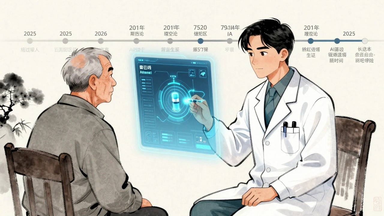 Un médecin et un ancien combattant discutent avec une interface IA qui suggère une substitution générique sur un dossier médical numérique.