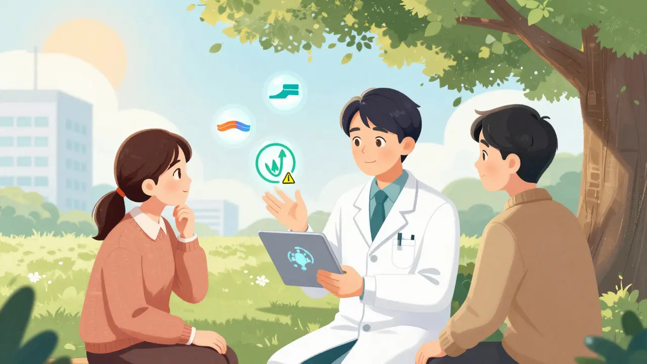 Un médecin explique un nouveau traitement contre la schizophrénie à un patient sous un arbre.