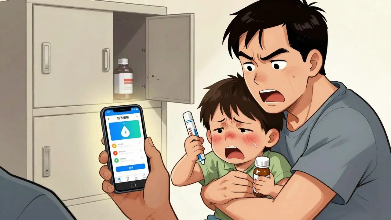 Un parent appelle les secours en tenant un EpiPen pendant que son enfant présente un gonflement du visage.