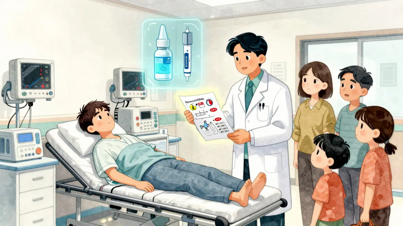 Un patient à l'hôpital avec un plan d'action écrit, entouré de symboles d'allergènes et d'innovations comme le spray nasal.