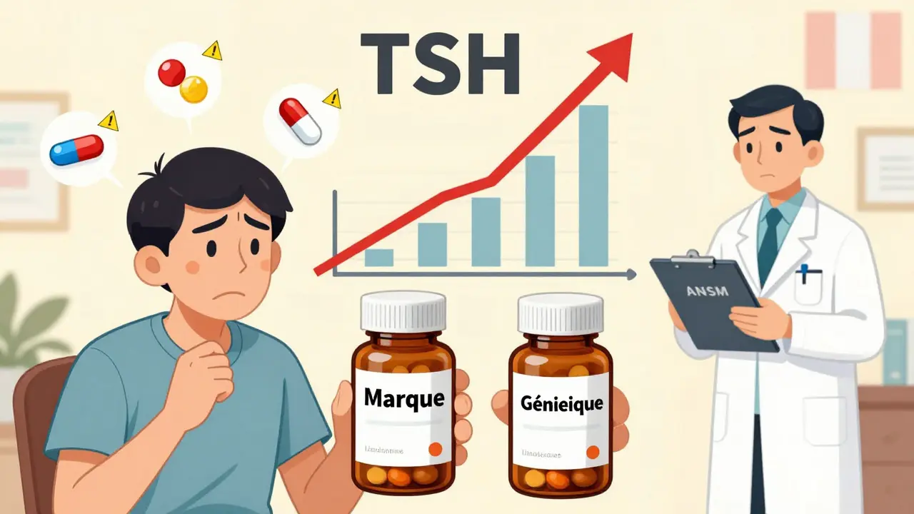 Un patient compare deux boîtes de médicaments tandis qu'un graphique de TSH fluctue comme une montagne russe.