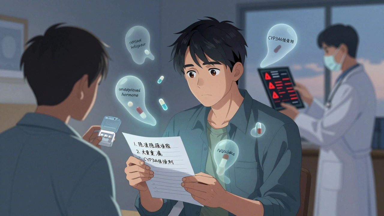 Un patient de retour chez lui entouré de pilules fantômes marquées de dangers cachés, consulté par son médecin en France.