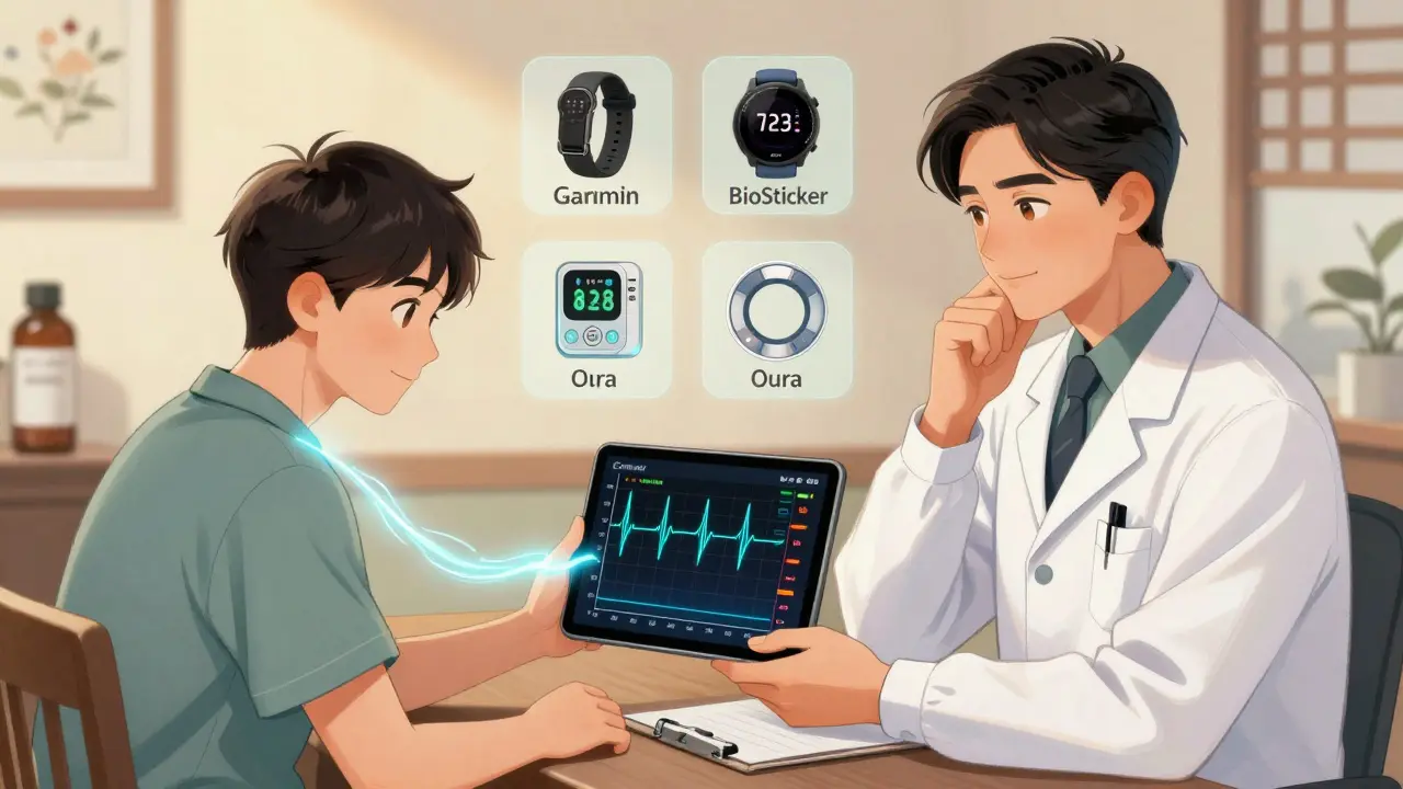 Un patient partage un graphique de santé avec un médecin en consultation, des données visuelles flottent en arrière-plan en style manhua.