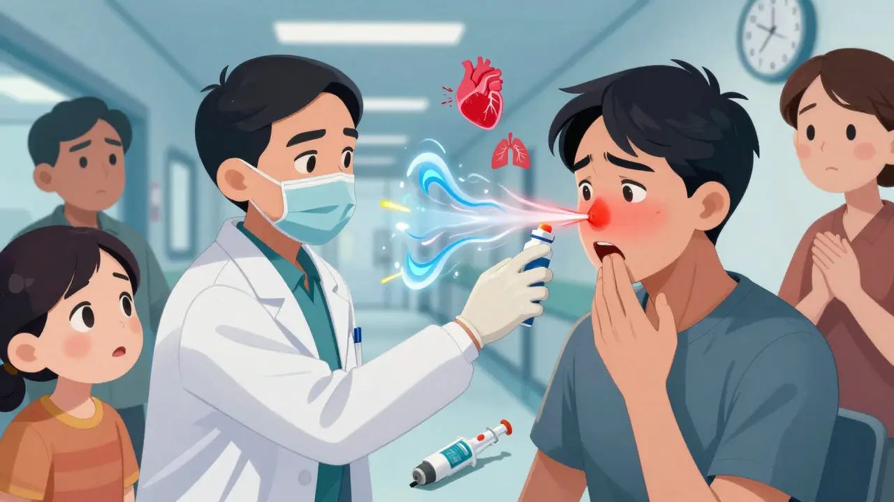 Un patient reçoit un spray nasal pour une urgence allergique, une ancienne seringue à côté de lui.