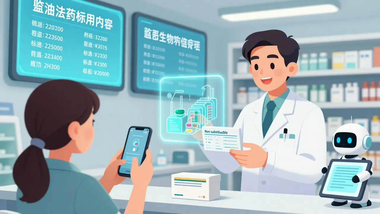 Un patient scanne un médicament dans une pharmacie futuriste avec une traçabilité numérique en temps réel.