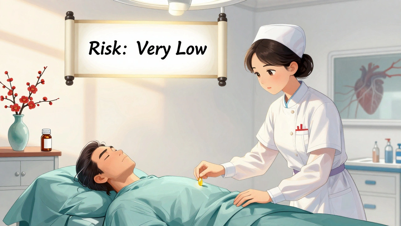 Un patient se prépare à une chirurgie, une infirmière lui rappelle d&#039;arrêter l&#039;huile de poisson, dans un décor chinois apaisant.