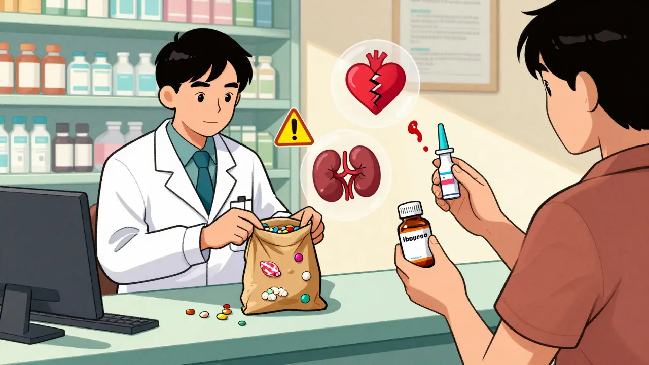 Un pharmacien examine un sac rempli de comprimés, compléments et bonbons, avec des symboles d'interactions dangereuses flottant dans l'air.