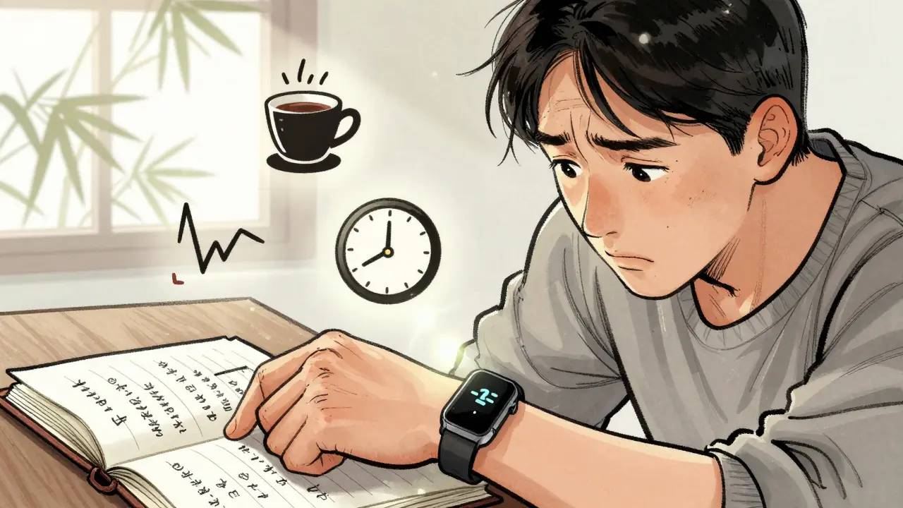 Un poignet avec une montre Fitbit affiche des signaux de sommeil et de fréquence cardiaque, entouré d'icônes animées en style manhua.