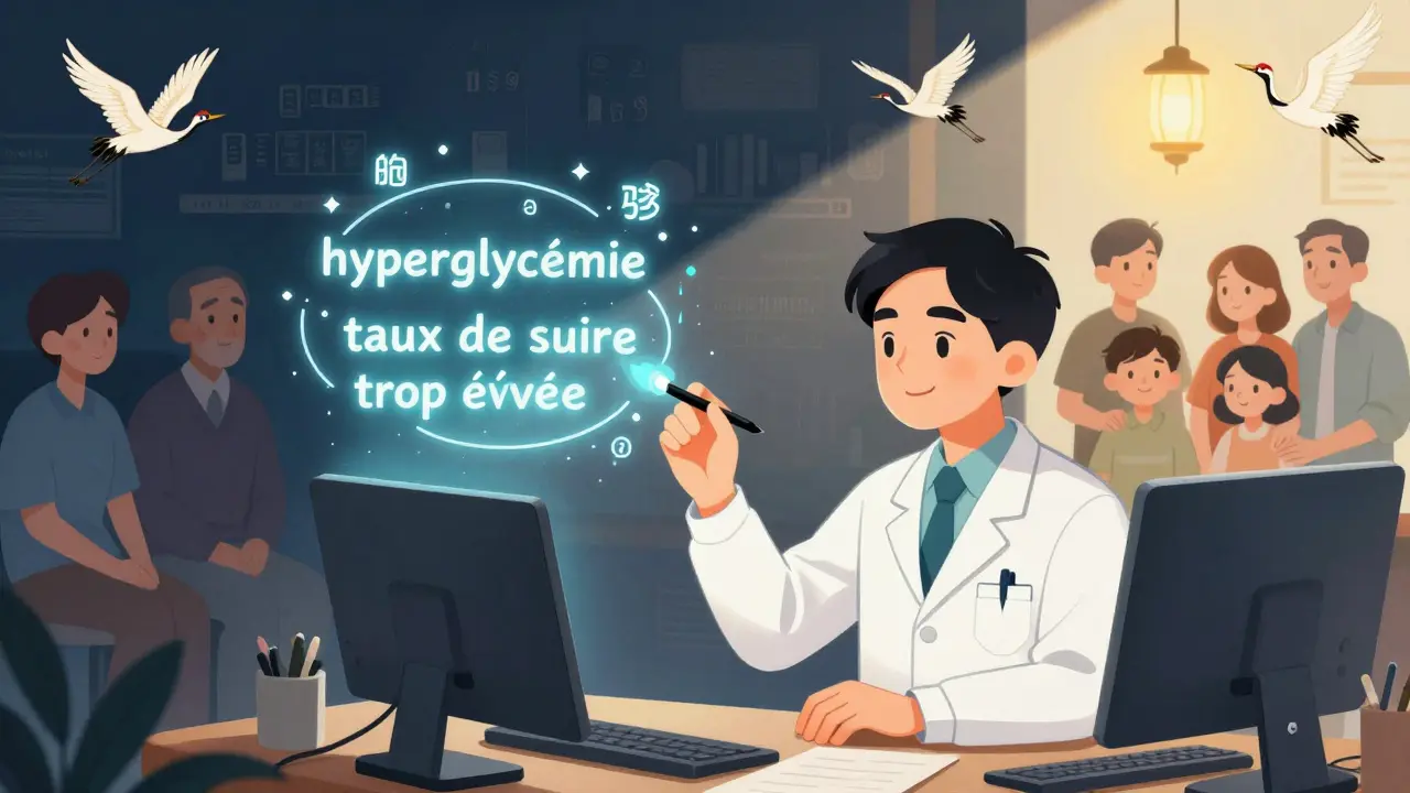 Un professionnel de l'information médicale traduit des termes techniques en langage simple avec des pinceaux magiques.