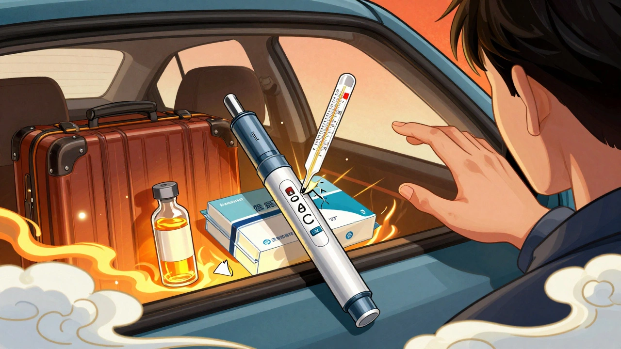 Un stylo à insuline exposé à la chaleur dans une voiture, avec un thermomètre en hausse et un flacon fendu.