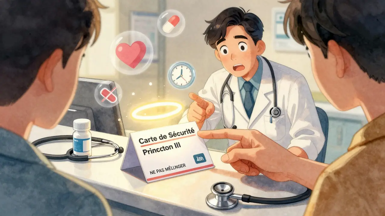 Une carte de sécurité médicale posée sur un comptoir d'hôpital, entourée d'icônes de prévention et de lumière dorée.