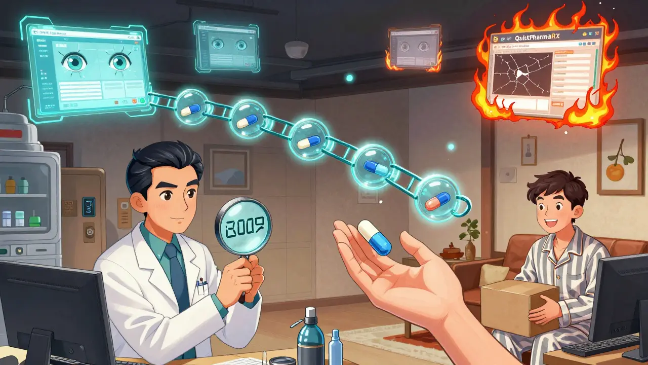 Une chaîne blockchain relie des pilules d'une usine à une maison, tandis qu'une IA surveille les sites web en ligne.