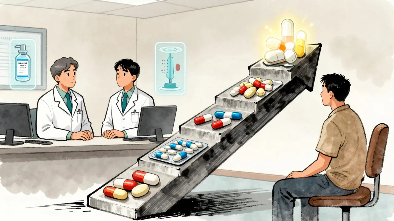 Une échelle en trois étapes illustrant la gestion de la douleur au cancer, avec des médicaments et traitements visuels en arrière-plan.