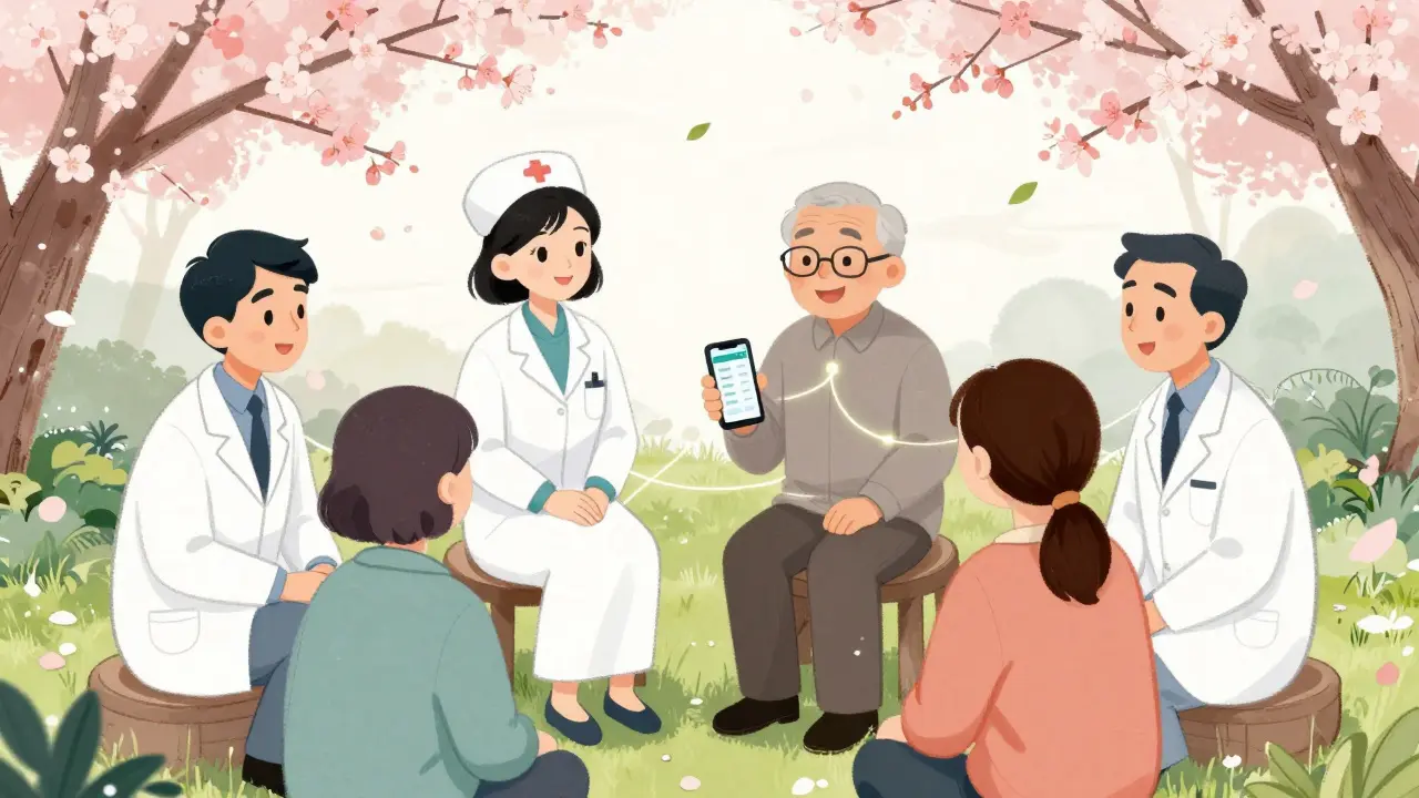 Une équipe de soins palliatifs en cercle dans un jardin, aidant un patient à suivre sa douleur via une application sur smartphone.