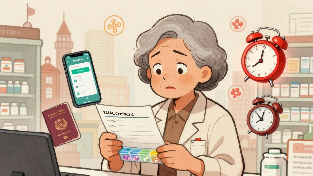 Une femme âgée dans une pharmacie étrangère, tenant une lettre médicale et un organisateur de pilules coloré.