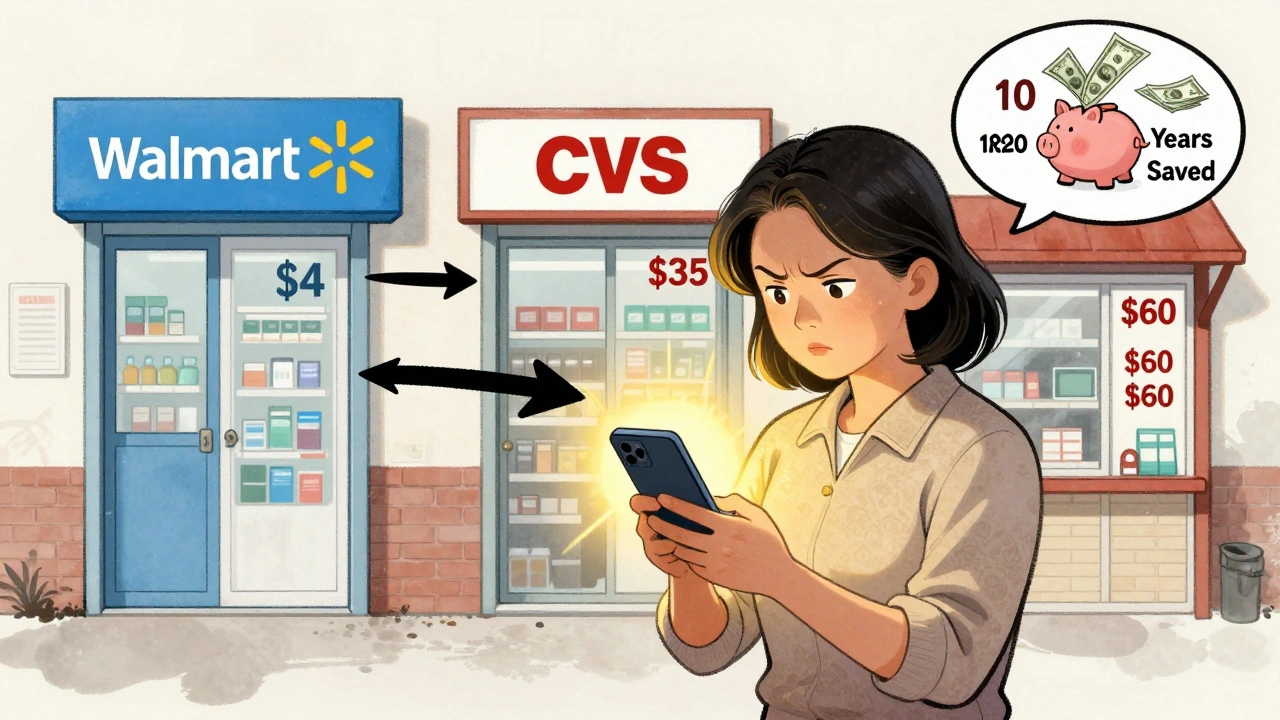 Une femme vérifie le prix le plus bas sur son téléphone, choisissant Walmart pour économiser sur ses médicaments chroniques.