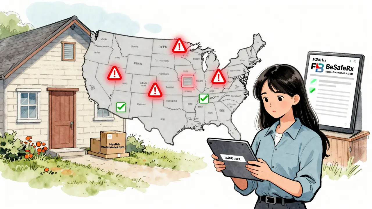 Une femme vérifie une pharmacie en ligne sur son tablette, entourée de signaux de sécurité verts et de sites frauduleux rouges.