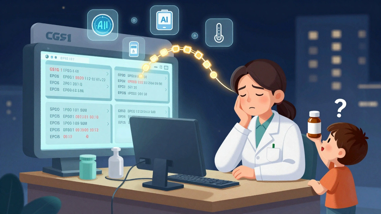 Une pharmacienne dans une petite pharmacie observe un écran complexe, tandis que des technologies de traçabilité flottent autour d&#039;elle.