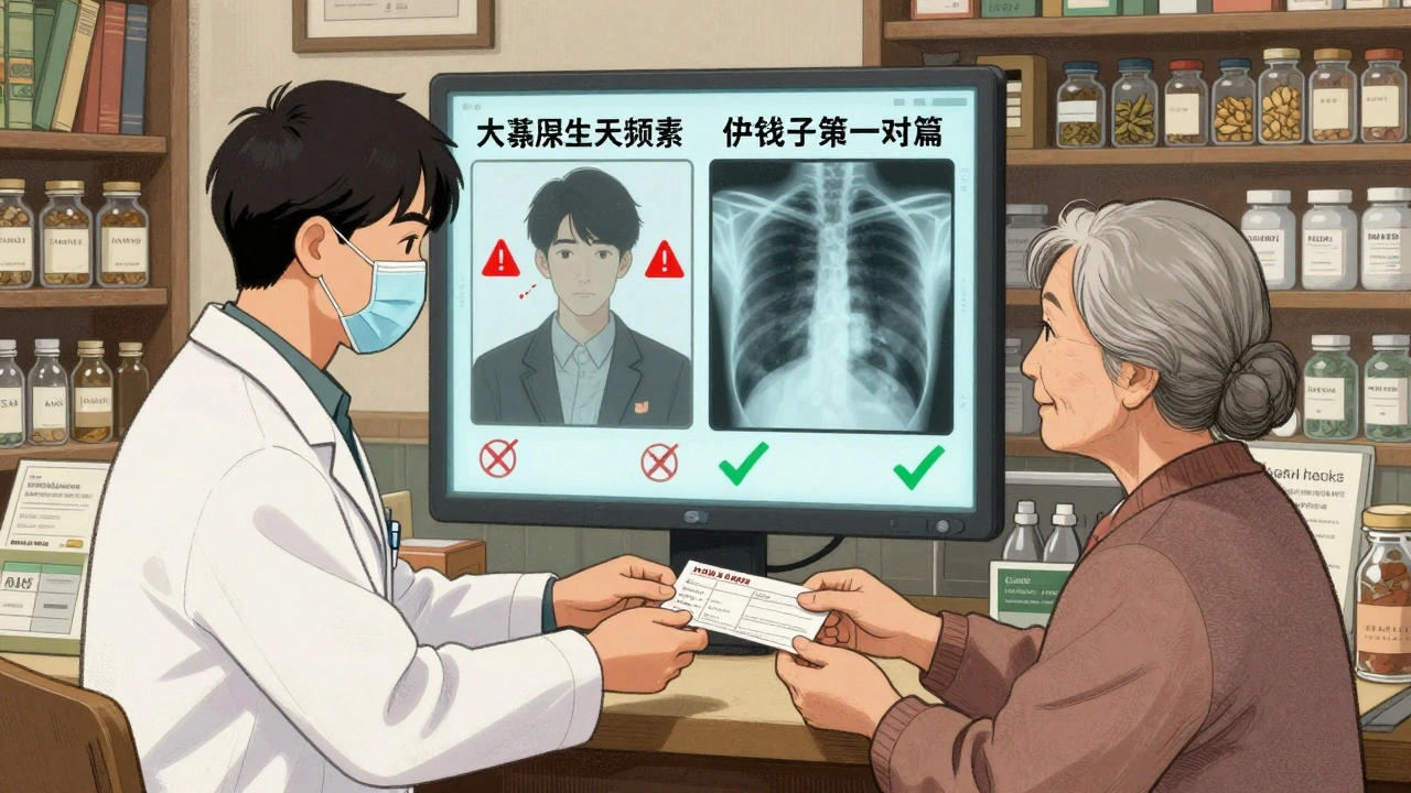 Une pharmacienne remet un médicament à une femme âgée, avec une vision transparente des formulations.