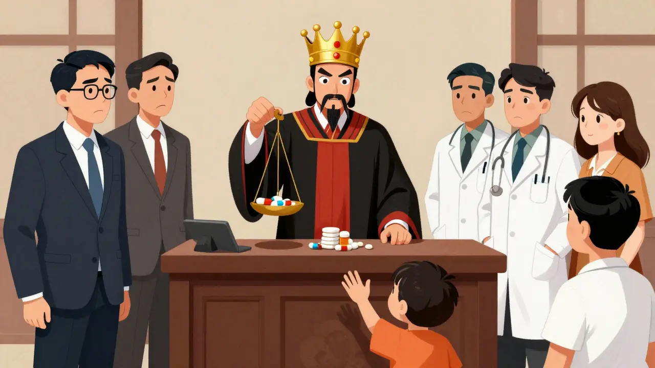 Balance judiciaire opposant couronne de brevet et pilules salvatrices, avec médecins et patients d'un côté, entreprises de l'autre.