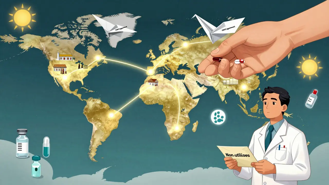 Carte mondiale montrant des usines de médicaments reliées à des villages, un pharmacien français observe en silence une lettre non utilisée.