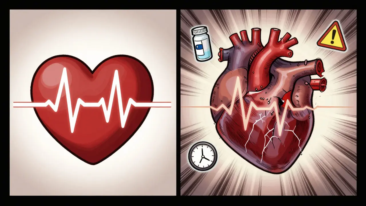 Cœur normal à gauche, cœur en arythmie à droite, entouré de symboles de risque : méthadone, potassium bas, horloge.