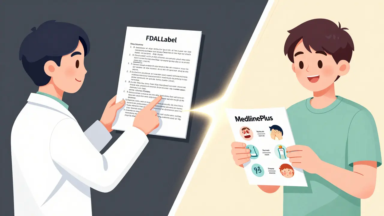 Contraste entre une notice médicale complexe et une guide simplifié pour patients.