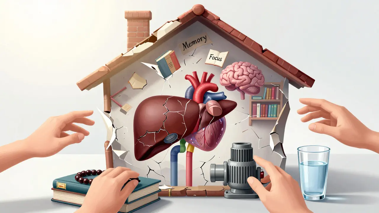 Corps représenté comme une maison en ruine, avec des organes défaillants, tandis que la lumière et des objets de guérison entrent par le toit.