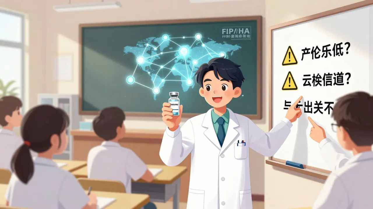 Des étudiants en pharmacie apprennent à identifier les signes d'avertissement des médicaments contrefaits.