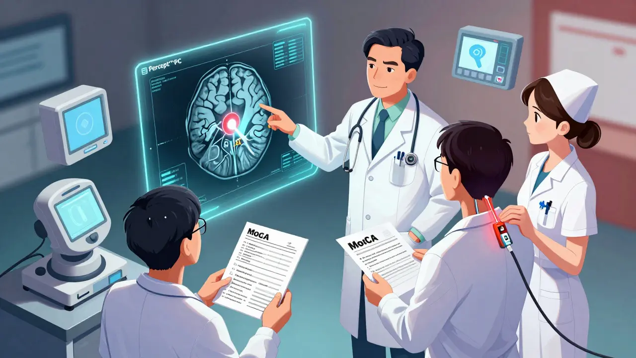 Équipe médicale analysant une scan cérébrale 3D avec des appareils de stimulation profonde.