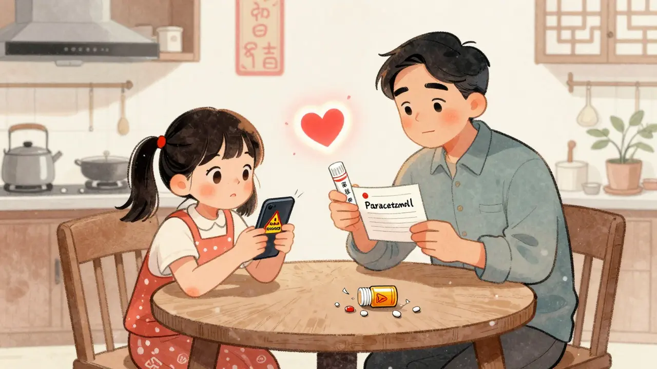 Famille à la cuisine, un père accepte un traitement sûr, un cœur lumineux bat en sécurité près de lui.