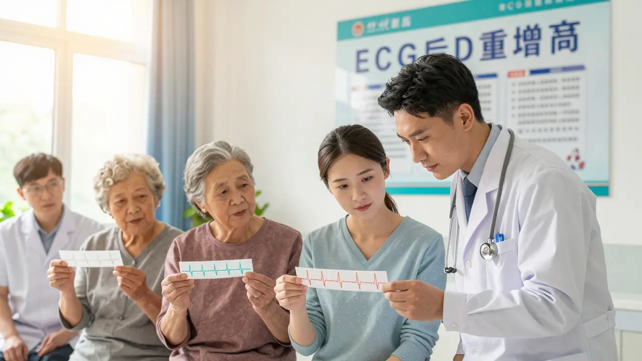 Groupe de patients et professionnels de santé examinant des électrocardiogrammes dans une clinique, poster de surveillance visible.