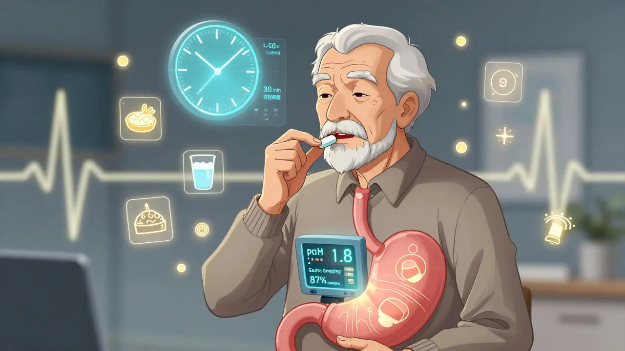 Homme âgé avec pilule connectée affichant des données digestives en temps réel.