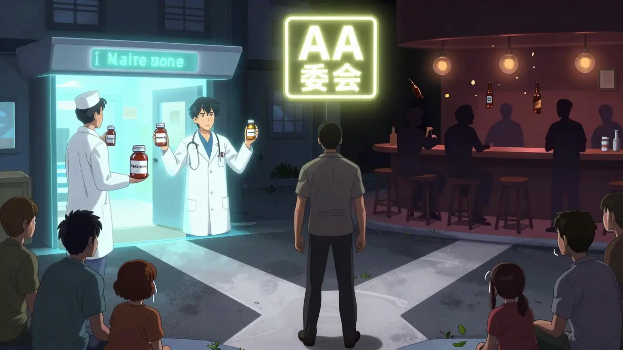 Homme au carrefour entre un hôpital lumineux et un bar sombre, un signe AA flotte au-dessus comme un espoir.