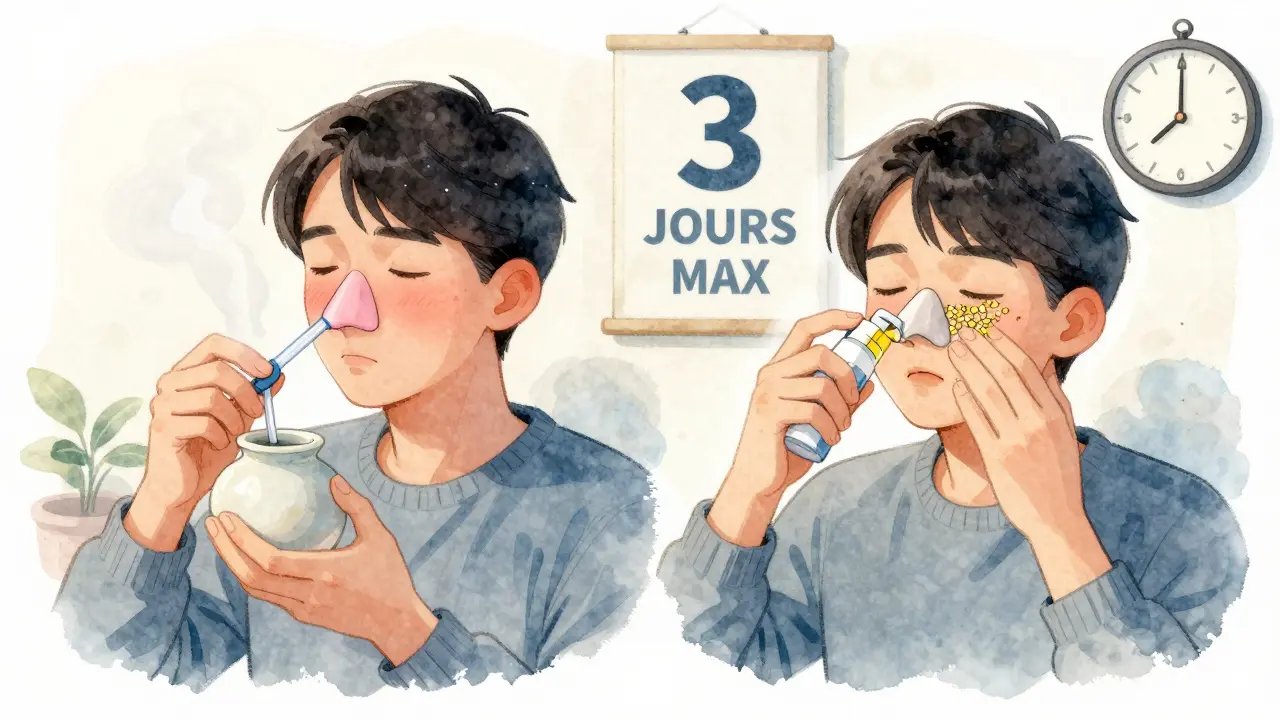 Homme utilisant un lavage nasal et un spray corticoïde, ses voies nasales se réparent visiblement.