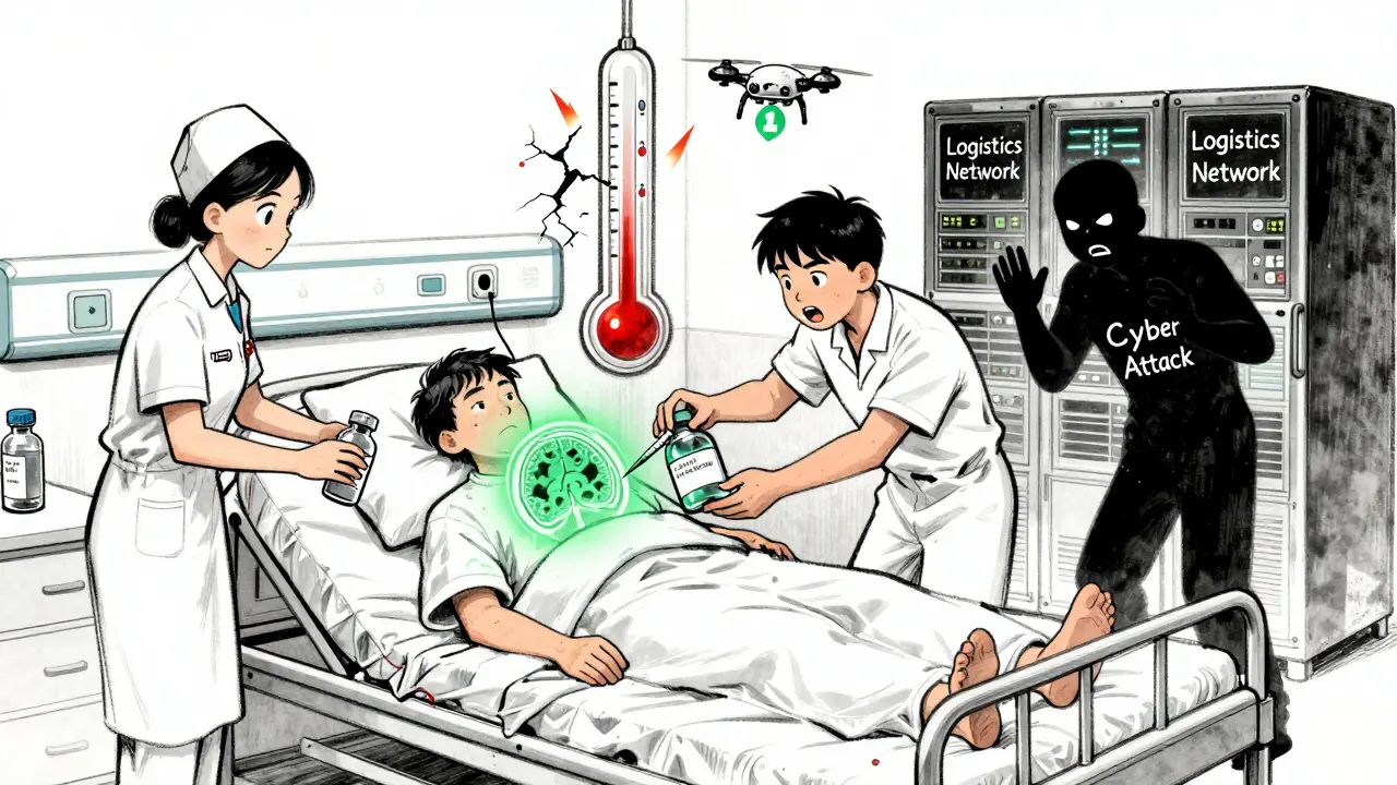 Infirmières en train de remplacer des insulines dans un hôpital, un patient avec des lésions cérébrales visibles et une cyberattaque en arrière-plan.