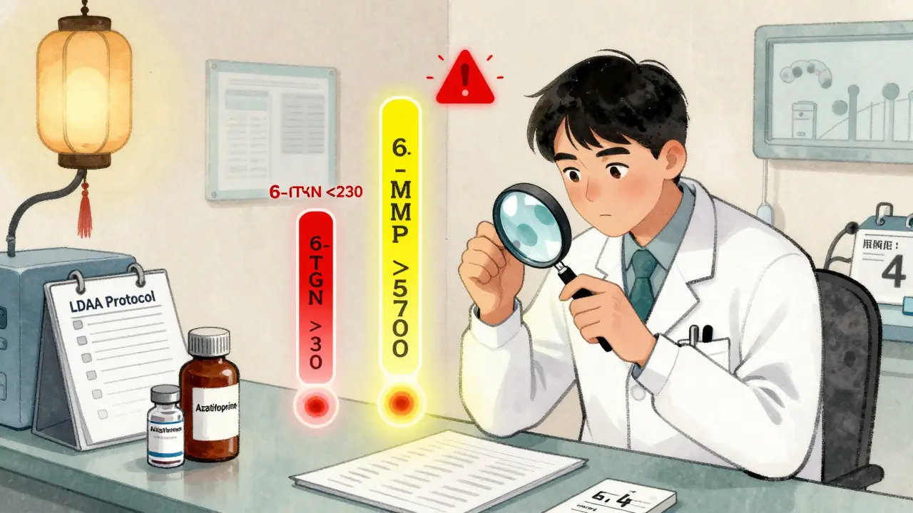 Médecin chinois analysant des globules rouges avec des taux métaboliques affichés : 6-TGN bas et 6-MMP élevé, sur un bureau médical avec les médicaments LDAA.