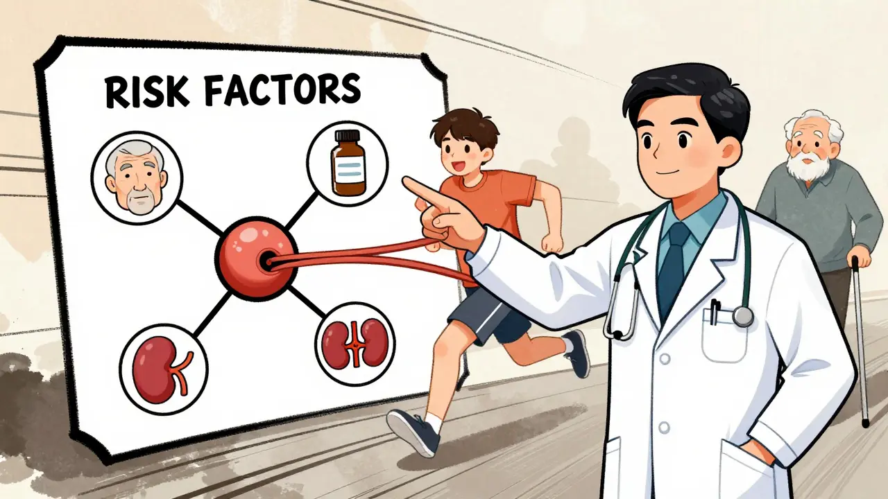 Médecin expliquant un tableau des facteurs de risque de rupture tendineuse, avec des icônes de médicaments et d'âge avancé.