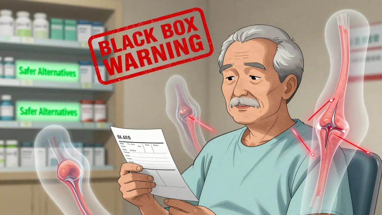 Patient âgé entouré d'images fantômes de tendons rompus, une alerte rouge 'Black Box Warning' au-dessus de lui.