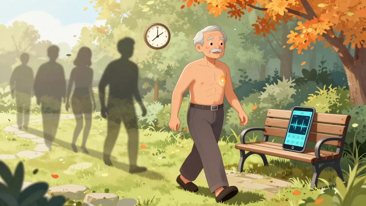 Patient âgé marchant librement dans un jardin, implant DBS visible, symptômes passés en arrière-plan.