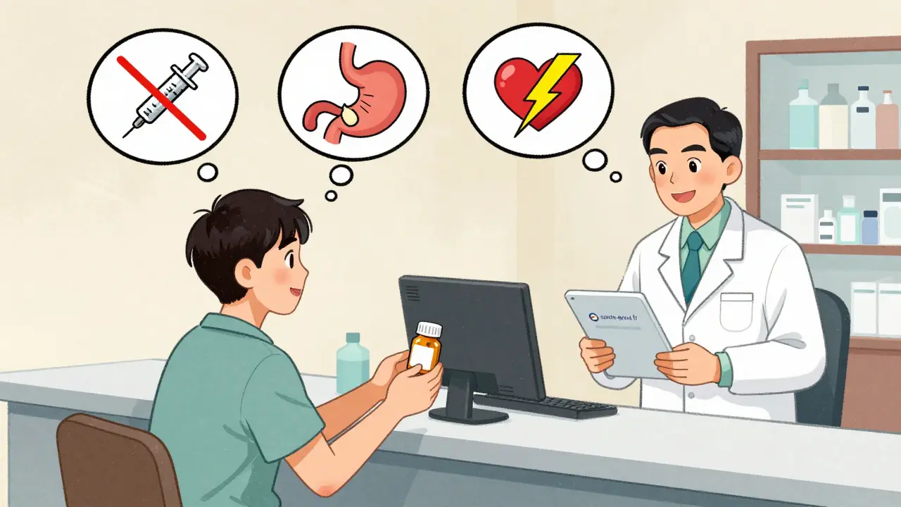 Patient et pharmacien discutant avec trois bulles de pensée illustrant erreur, effet secondaire et réaction adverse.