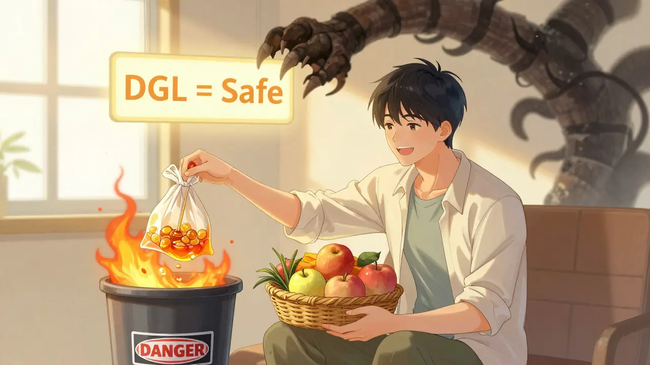 Patient jetant la réglisse dans une poubelle en flammes, tenant des fruits et un signe 'DGL = Sûr' en arrière-plan.