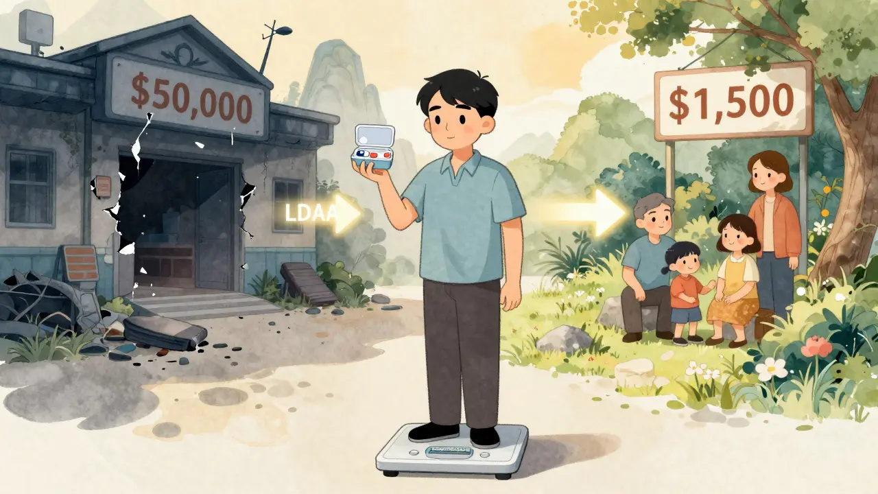 Patient souriant tenant les comprimés d'azathioprine et d'allopurinol, avec un arrière-plan comparant le coût élevé d'un traitement alternatif à la simplicité de l'LDAA.