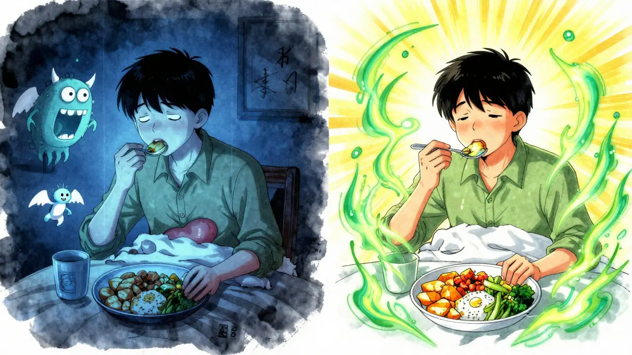 Personne mangeant tard la nuit sous un écran bleu, avec des monstres de faim émergant de son ventre, contrastant avec une version équilibrée sous le soleil.