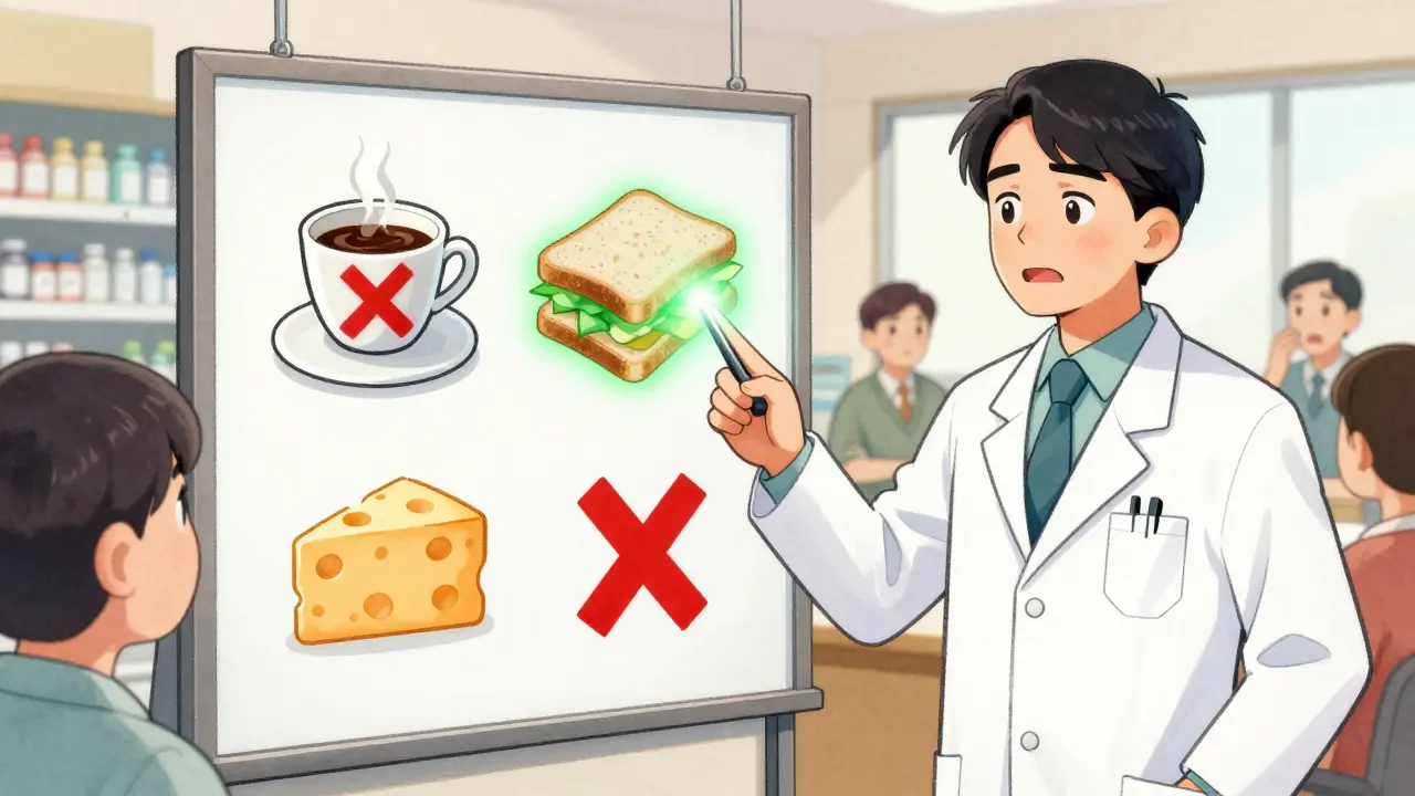 Pharmacien expliquant à des patients les interactions médicaments-aliments sur un tableau.