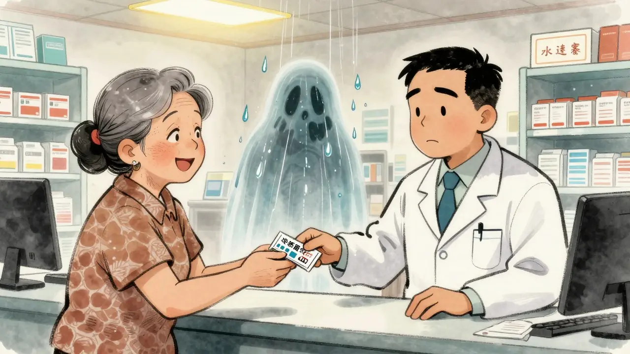 Pharmaciennne remettant un anti-inflammatoire à une personne âgée, un cœur fantôme s'effondre derrière eux.