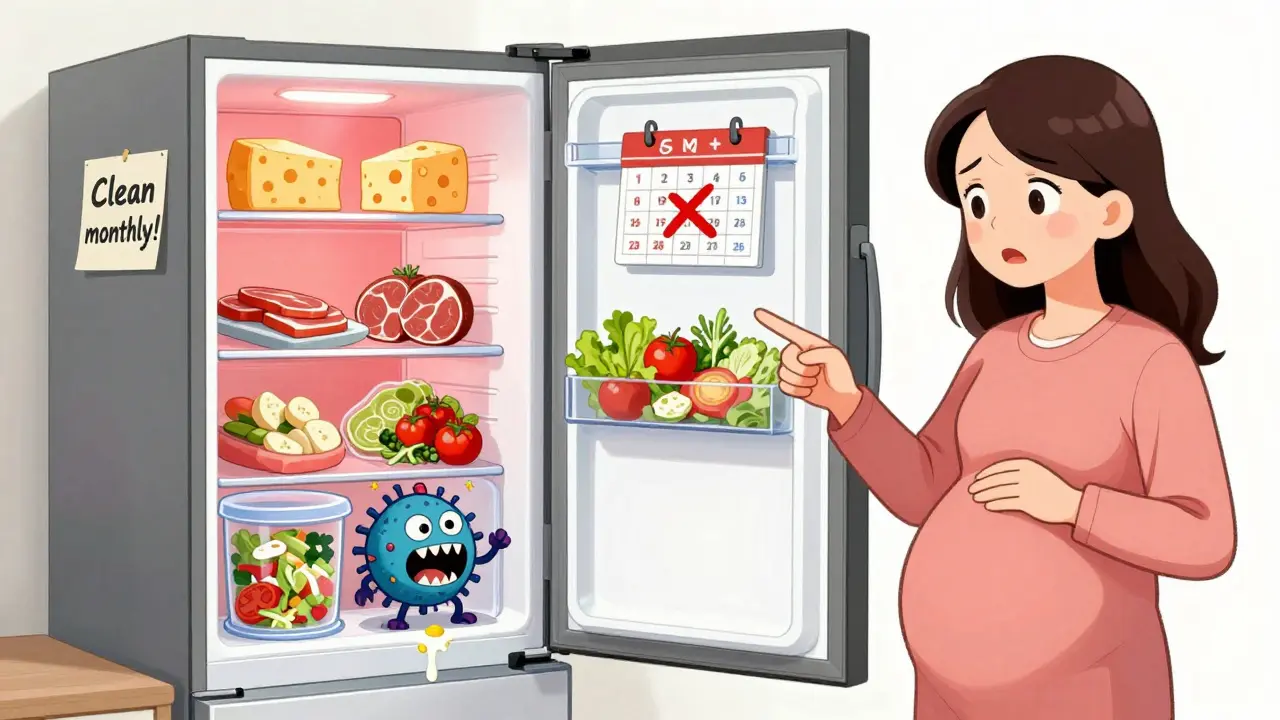 Réfrigérateur avec des bactéries visibles cachées dans des fromages et charcuteries, une femme enceinte pointe vers elles.