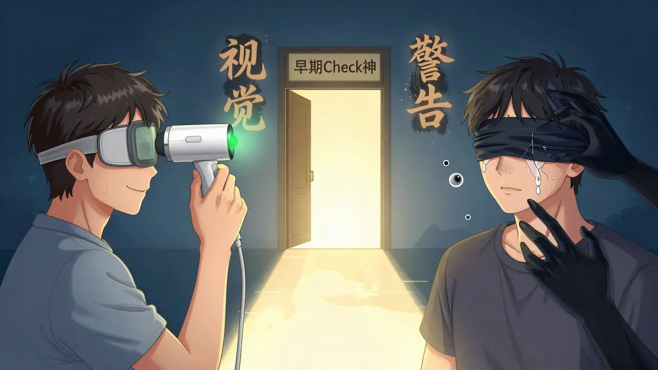 Scène divisée : patient surveillant sa pression oculaire à la maison contre lui aveuglé par les stéroïdes.