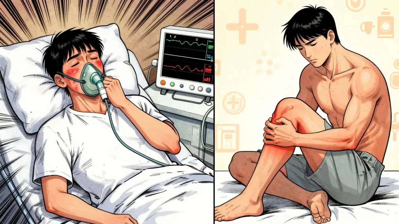 Scène divisée : réaction allergique grave à gauche, effet secondaire bénin à droite.